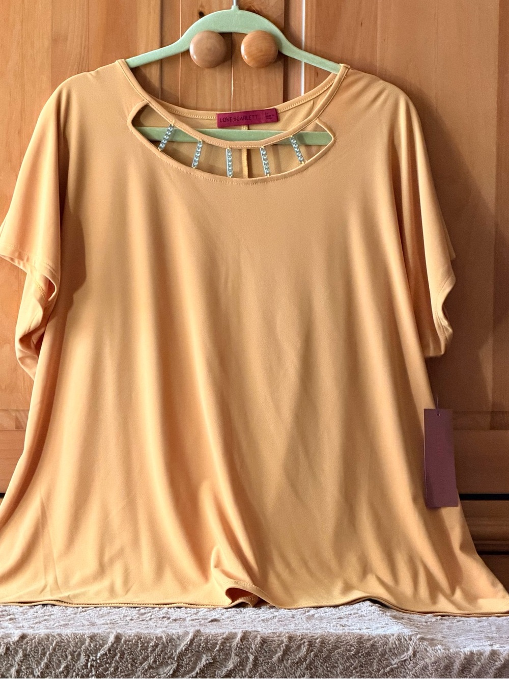 Scarlett Golden Mustard Short Sleeve Top with Rhinestone Neck Bars -NWT